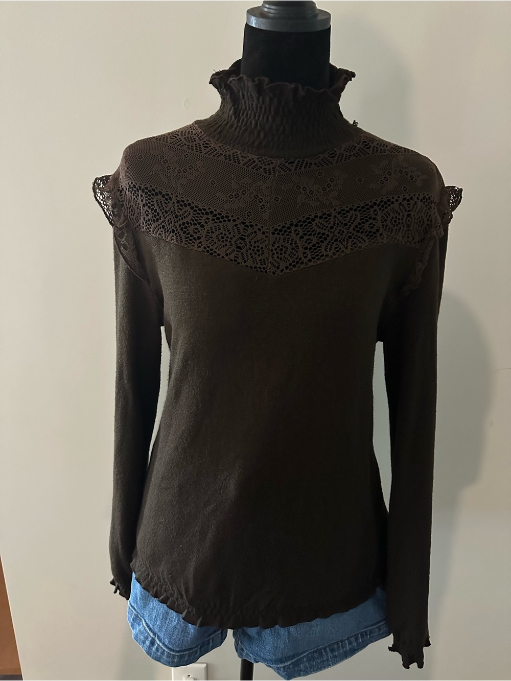 Y2K hazel Brown Lace-Yoke Ruffle Mock Neck Sweater